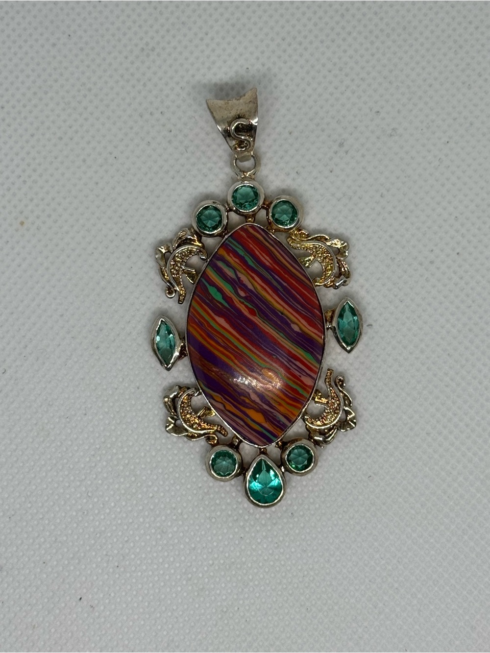 Large 925 Sterling Silver Rainbow Calsilica Aqua Stone Statement Pendant